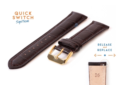 Quick Switch horlogeband 16mm donkerbruin leer - gouden gesp