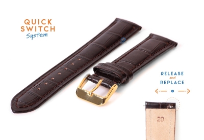 Quick Switch horlogeband 20mm chocoladebruin leer - gouden gesp