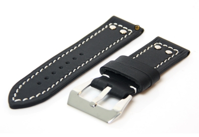24mm horlogeband zwart - stevig leer met studs