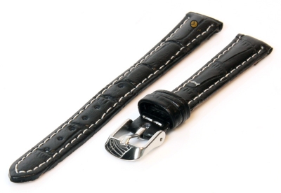 Horlogeband 12mm zwart leer met wit stiksel