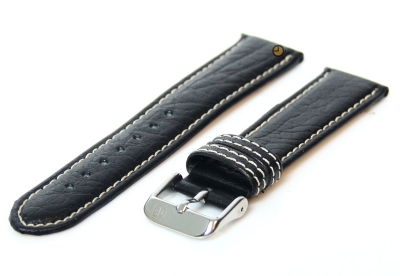 Horlogeband 18mm zwart leer met wit stiksel