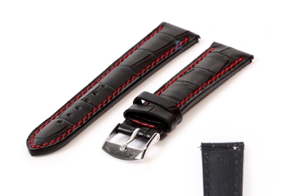Horlogeband 18mm croco leer zwart - rood
