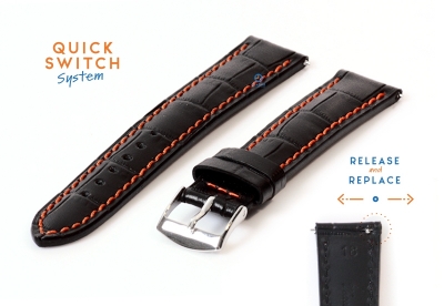 Horlogeband 18mm croco leer zwart - oranje