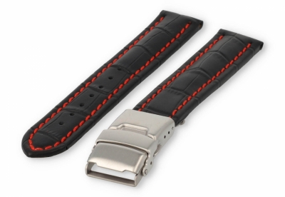 Horlogeband met vouwsluiting 18mm zwart leer met rood stiksel