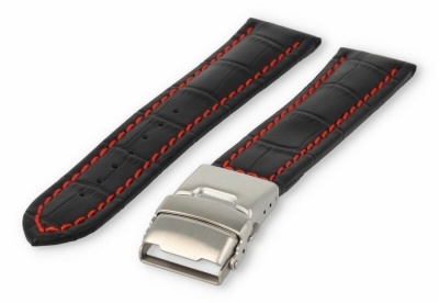 Horlogeband met vouwsluiting 20mm zwart leer met rood stiksel