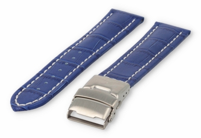 Horlogeband met vouwsluiting 22mm koningsblauw leer met wit stiksel