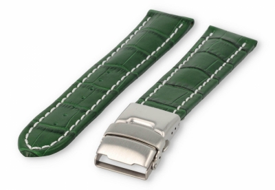 Horlogeband met vouwsluiting 24mm groen leer met wit stiksel