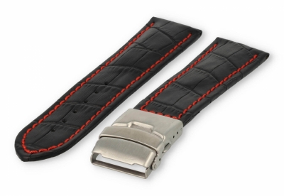 Horlogeband met vouwsluiting 26mm zwart leer met rood stiksel