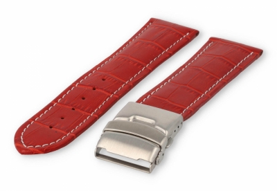 Horlogeband met vouwsluiting 26mm rood leer met wit stiksel