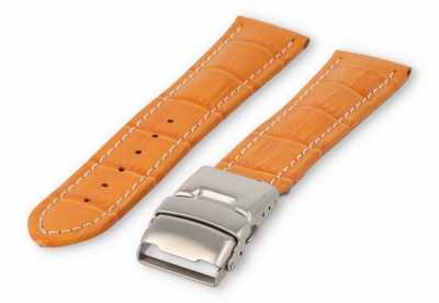 Horlogeband met vouwsluiting 26mm oranje leer met wit stiksel